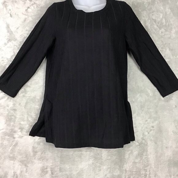 Bobeau Women's Medium Black Wide Rib Knit Top Crew Neck 3/4 Sleeve Side Slit - Picture 4 of 10